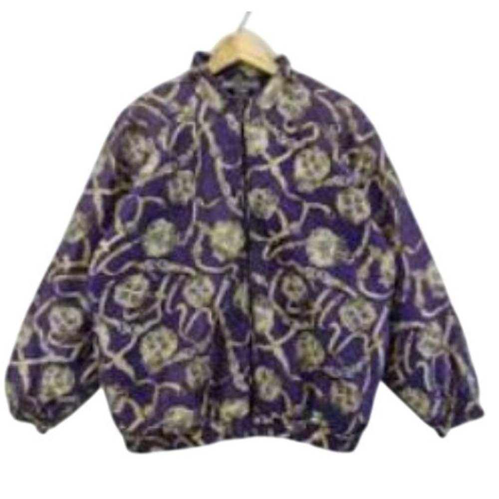 Robert Stock Vintage Women's‎ 100% Silk Bomber Jacket Purple Gold Chain Small